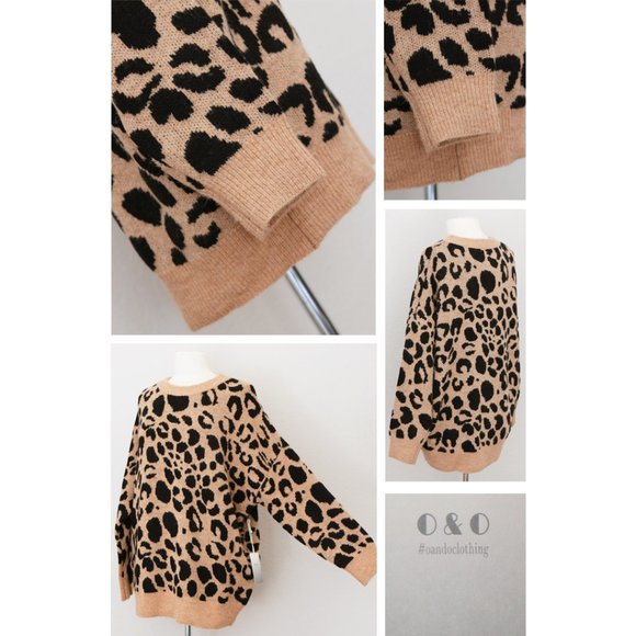 Camel Beige Leopard Crewneck Oversize Cozy Sweater - Picture 3 of 8
